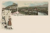 2 Bild Litho Karte Villach  - alte historische Fotos Ansichten Bilder Aufnahmen Ansichtskarten 