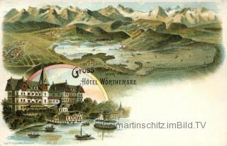 2 Bild Litho Karte - Hotel Wörthersee - Klagenfurt(Stadt) - alte historische Fotos Ansichten Bilder Aufnahmen Ansichtskarten 