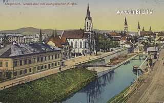 Lendkanal mit evangelischer Kirche - Klagenfurt am Wörthersee - alte historische Fotos Ansichten Bilder Aufnahmen Ansichtskarten 