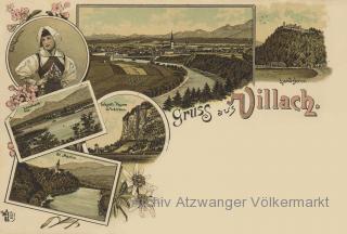 6 Bild Litho Karte Villach  - Oesterreich - alte historische Fotos Ansichten Bilder Aufnahmen Ansichtskarten 