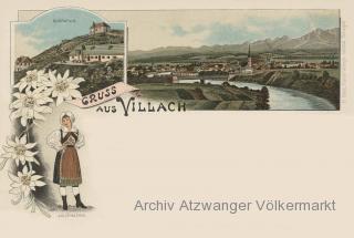 2 Bild Litho Karte Villach  - Oesterreich - alte historische Fotos Ansichten Bilder Aufnahmen Ansichtskarten 
