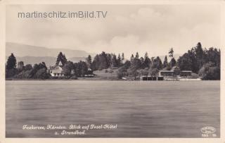 Faakersee, Inselhotel mit Badestrand - Faak am See - alte historische Fotos Ansichten Bilder Aufnahmen Ansichtskarten 
