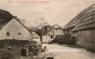 Predil, Gasthaus zum Touristen mit Mangart - Oberkrain (Gorenjska) - alte historische Fotos Ansichten Bilder Aufnahmen Ansichtskarten 