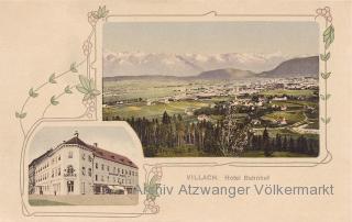 2 Bild Litho Karte - Villach, Hotel Bahnhof  - Villach - alte historische Fotos Ansichten Bilder Aufnahmen Ansichtskarten 