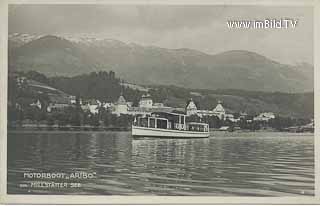 Motorboot ARIBO vor Millstatt - Spittal an der Drau - alte historische Fotos Ansichten Bilder Aufnahmen Ansichtskarten 