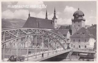 Leoben, Murbrücke und Stadtturm - Leoben - alte historische Fotos Ansichten Bilder Aufnahmen Ansichtskarten 