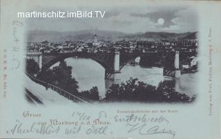 Marburg mit Eisenbahnbrücke - Mondscheinkarte - Draugegend (Podravska) - alte historische Fotos Ansichten Bilder Aufnahmen Ansichtskarten 