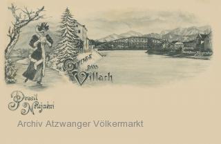 Neujahrskarte, Villach mit Draubrücke - Kärnten - alte historische Fotos Ansichten Bilder Aufnahmen Ansichtskarten 