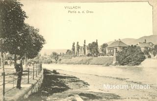 Blick zum Willroider-Haus mit dem Draubad - Villach-Innere Stadt - alte historische Fotos Ansichten Bilder Aufnahmen Ansichtskarten 