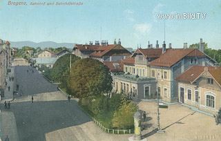 Bregenz - Bahnhof mit Bahnhofsstrasse - Oesterreich - alte historische Fotos Ansichten Bilder Aufnahmen Ansichtskarten 