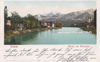 Partie an der Drau mit Blick auf die Karawanken - Villach(Stadt) - alte historische Fotos Ansichten Bilder Aufnahmen Ansichtskarten 