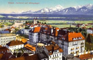 Blick vom Turm auf das Hotel, um 1915 - Villach-Innere Stadt - alte historische Fotos Ansichten Bilder Aufnahmen Ansichtskarten 