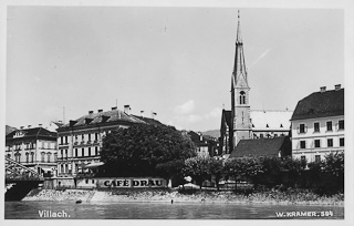 An der Drau mit Nikolaikirche - Villach(Stadt) - alte historische Fotos Ansichten Bilder Aufnahmen Ansichtskarten 