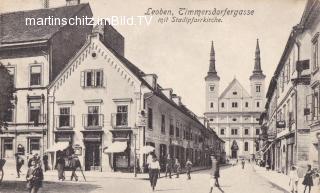 Leoben, Timmerstdorgergasse mit Stadtpfarrkirche - Europa - alte historische Fotos Ansichten Bilder Aufnahmen Ansichtskarten 