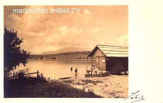 Egg am See, Badehaus mit Blick auf Drobollach - Egg am Faaker See - alte historische Fotos Ansichten Bilder Aufnahmen Ansichtskarten 