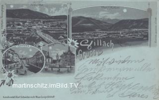  4 Bild Litho - Mondscheinkarte - Villach - alte historische Fotos Ansichten Bilder Aufnahmen Ansichtskarten 