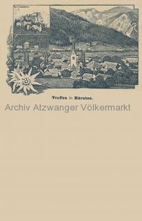 Treffen Ortsansicht und Ruine Landskron - Treffen am Ossiacher See - alte historische Fotos Ansichten Bilder Aufnahmen Ansichtskarten 