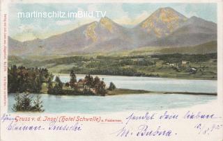 Westansicht der Insel mit Insel-Hotel - Villach Land - alte historische Fotos Ansichten Bilder Aufnahmen Ansichtskarten 