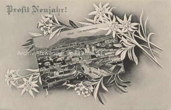 1907 - Villach vom Stadtpfarrturm, Neujahrskarte 