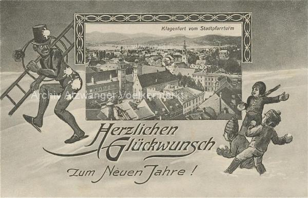 1907 - Klagenfurt Neujahrskarte, Blick v. Stadtpfarrtum