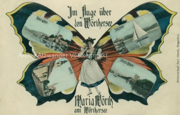 um 1908 - Schmetterlingkarte, Im Fluge über Maria Wörth