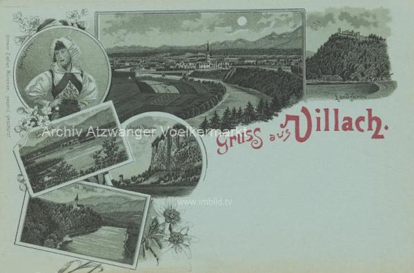 1898 - 6 Bild Mondschein Litho Karte Villach