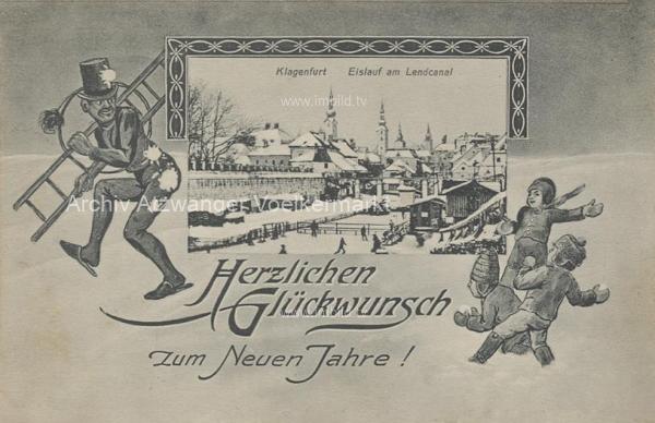 1907 - Klagenfurt Neujahrskarte, Eislaufen am Lendkanal