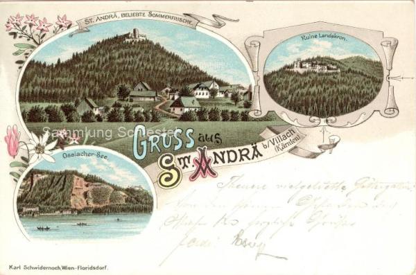 um 1900 - Gruß aus St. Andrä mit Ossiacher See und Landskron