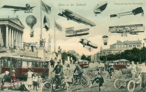 1907 - Wien in der Zukunft, Franzensring mit Parlament  