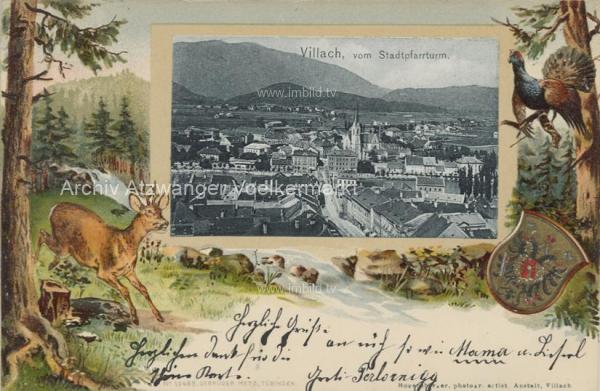 1905 - Villach, Hauptplatz vom Stadtpfarrturm  